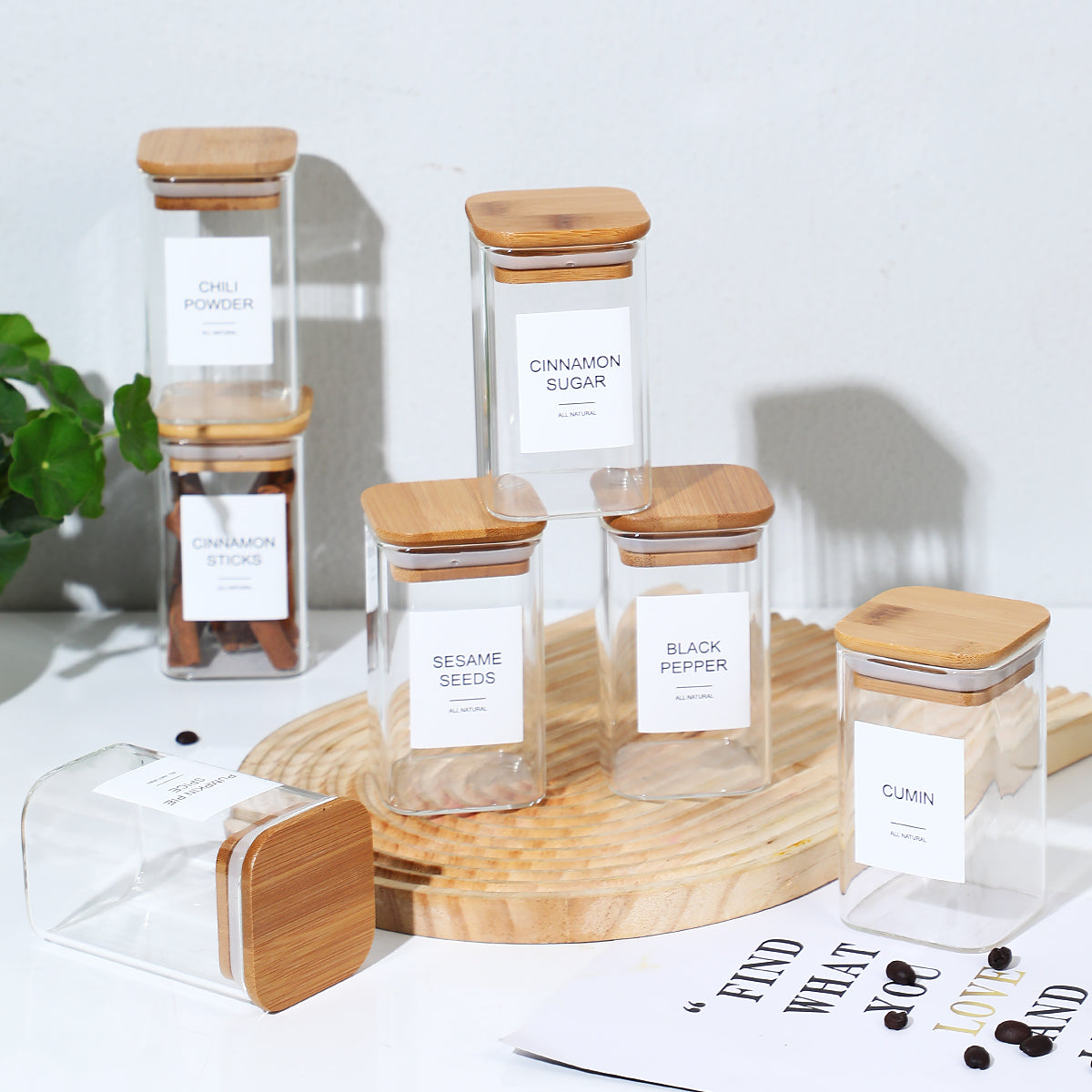 12PCS Square Glass Spice Jars With 72 Labels – Kitchen Seasoning Storage Set