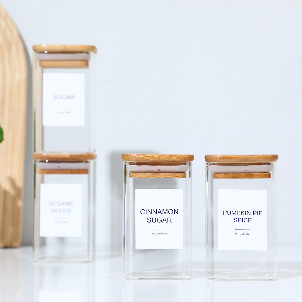 12PCS Square Glass Spice Jars With 72 Labels – Kitchen Seasoning Storage Set
