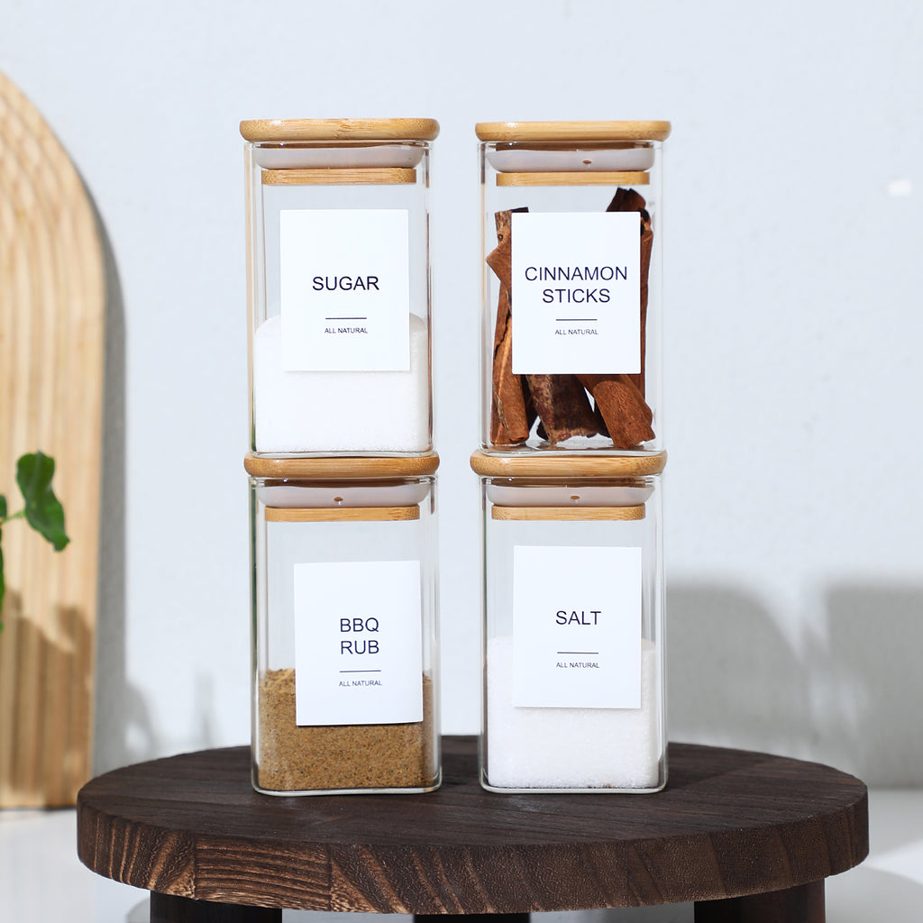 12PCS Square Glass Spice Jars With 72 Labels – Kitchen Seasoning Storage Set