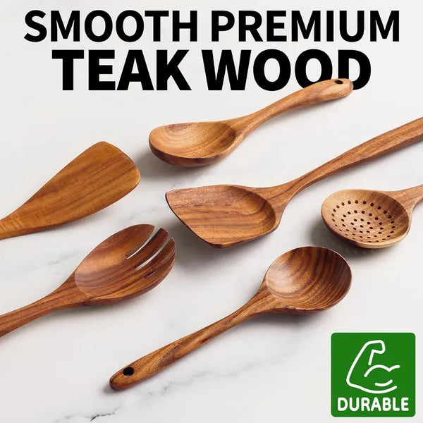 Six‑Piece Teak Wood Cooking Spoon Set – Heat‑Resistant, Smooth, Lightweight & Non‑Stick Safe