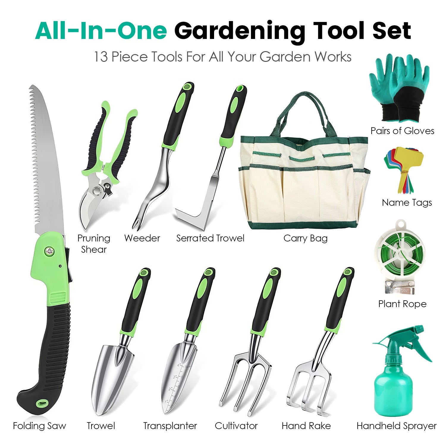 13‑Piece Aluminum Alloy Garden Tool Set With Garden Bag – Heavy‑Duty Outdoor Gardening Kit