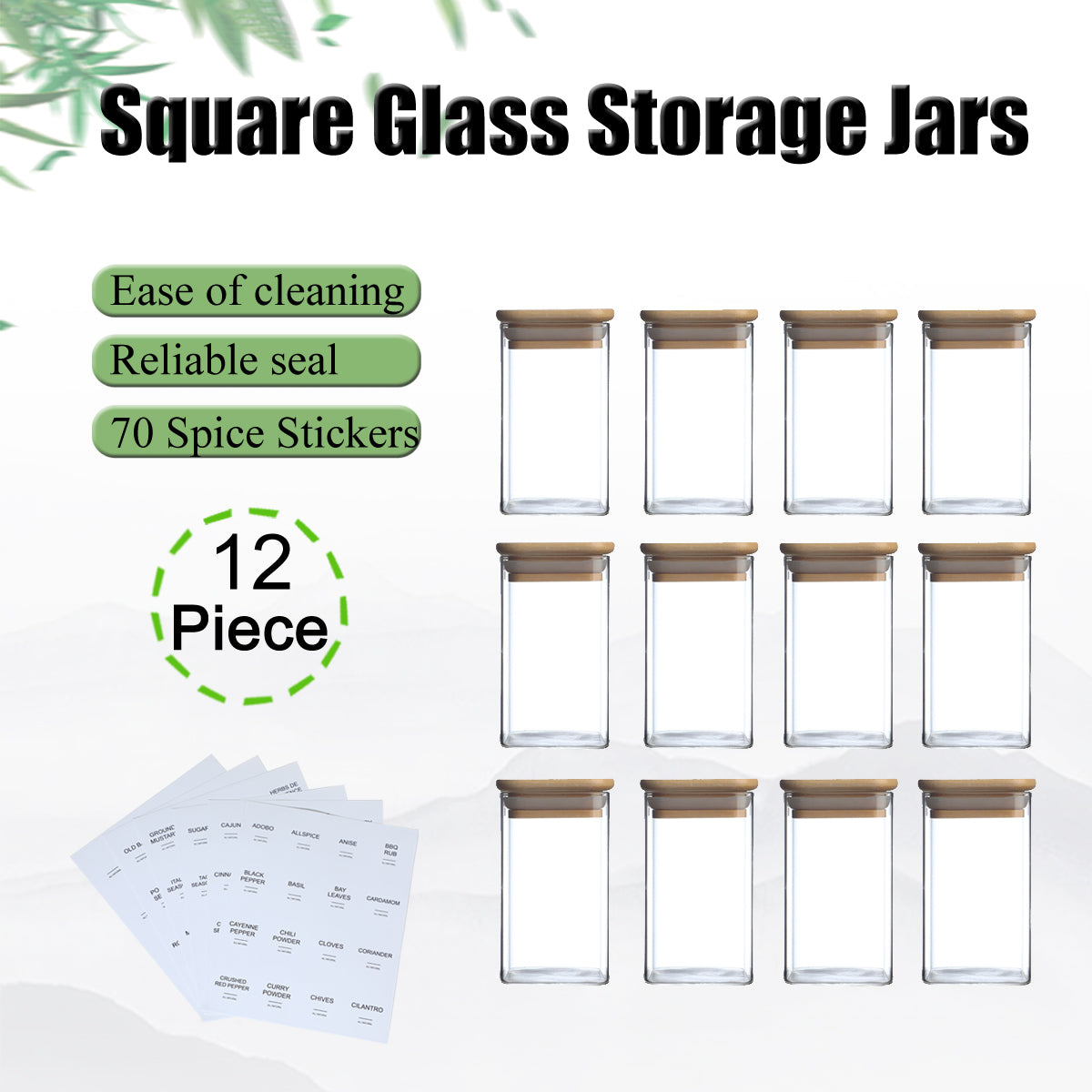 12PCS Square Glass Spice Jars With 72 Labels – Kitchen Seasoning Storage Set