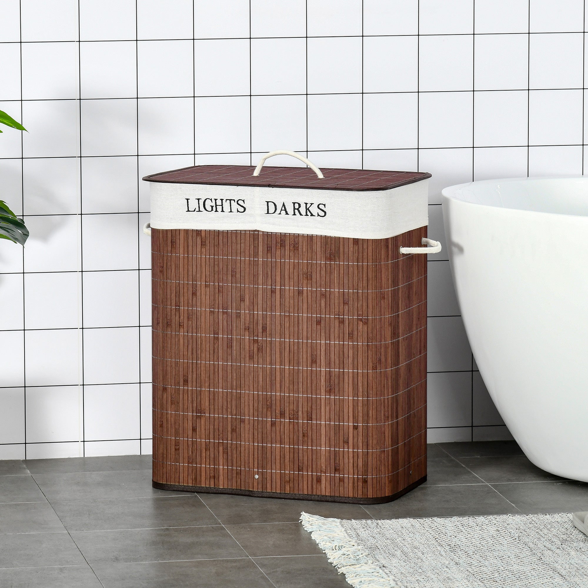 Bamboo Laundry Basket With Lid & String Handles – Collapsible Hamper With 2 Removable Bags (Brown)