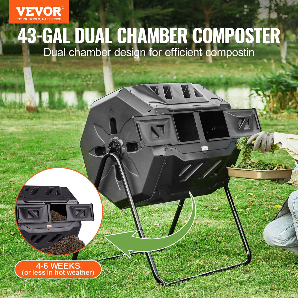 43‑Gallon Dual‑Chamber Composting Tumbler – Rotating Outdoor Composter With Sliding Doors & Steel Frame