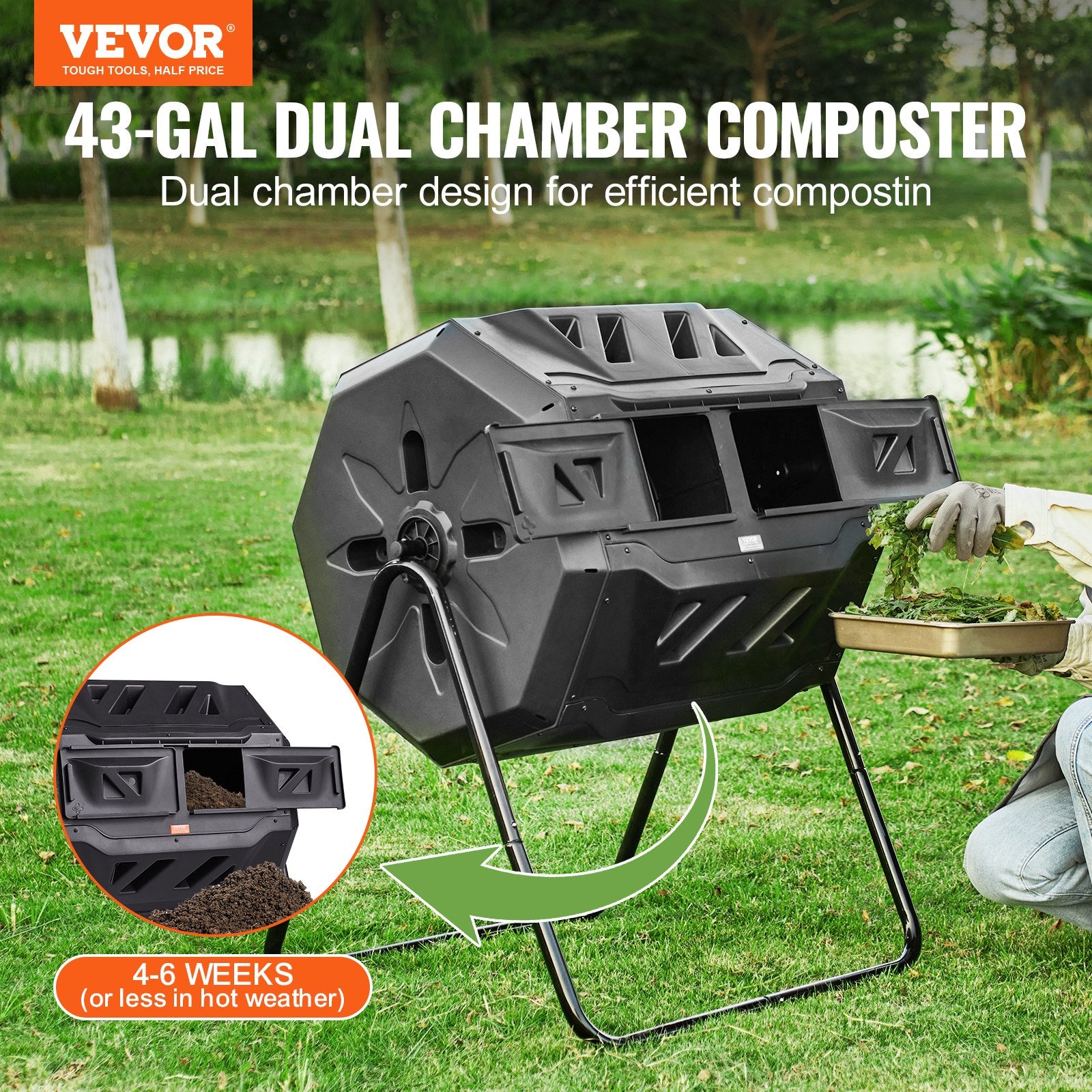 43‑Gallon Dual‑Chamber Composting Tumbler – Rotating Outdoor Composter With Sliding Doors & Steel Frame