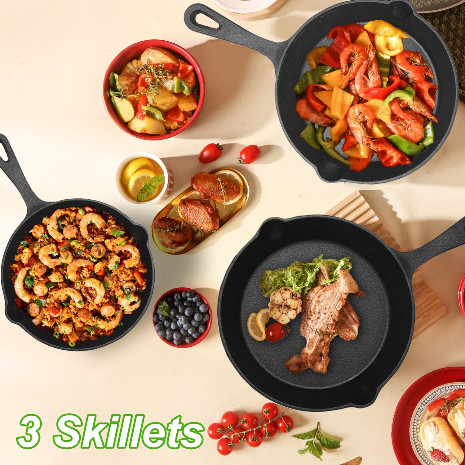 3‑Piece Pre‑Seasoned Cast Iron Skillet Set – 6", 8", 10" Oven‑Safe Frying Pans