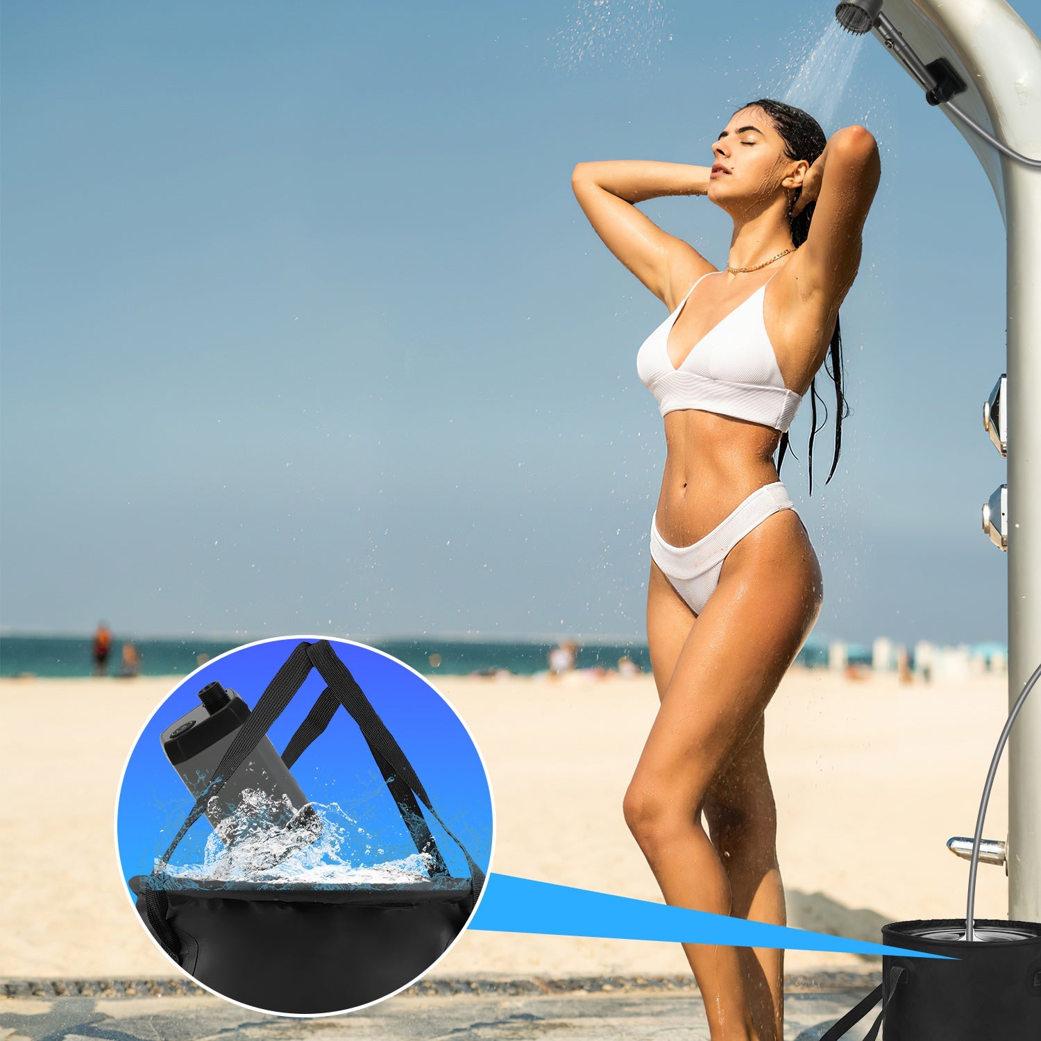 Portable Camping Shower – 6000mAh Rechargeable Pump, IPX7 Waterproof, Filtered Shower Head & 5.3‑Gallon Foldable Bucket