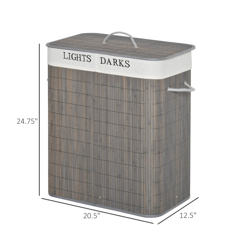 Bamboo Laundry Basket With Lid & String Handles – Collapsible Hamper With 2 Removable Bags (Gray)