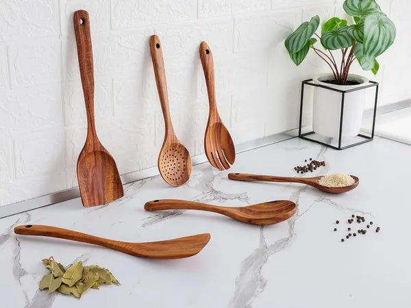 Six‑Piece Teak Wood Cooking Spoon Set – Heat‑Resistant, Smooth, Lightweight & Non‑Stick Safe