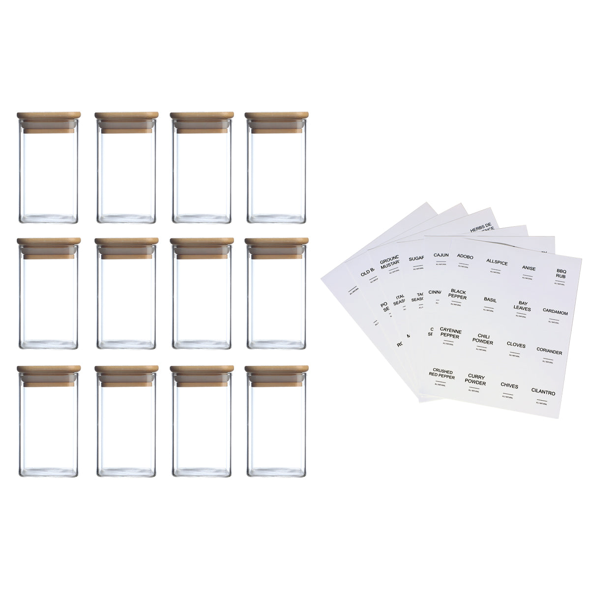 12PCS Square Glass Spice Jars With 72 Labels – Kitchen Seasoning Storage Set