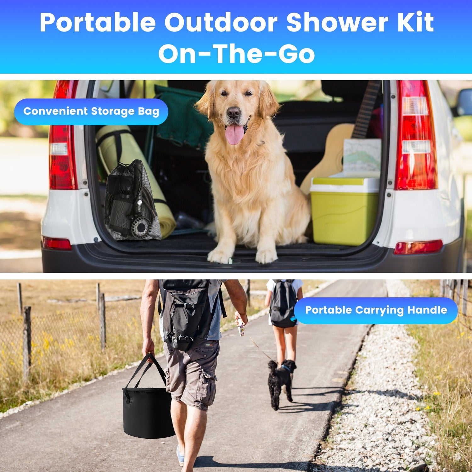 Portable Camping Shower – 6000mAh Rechargeable Pump, IPX7 Waterproof, Filtered Shower Head & 5.3‑Gallon Foldable Bucket