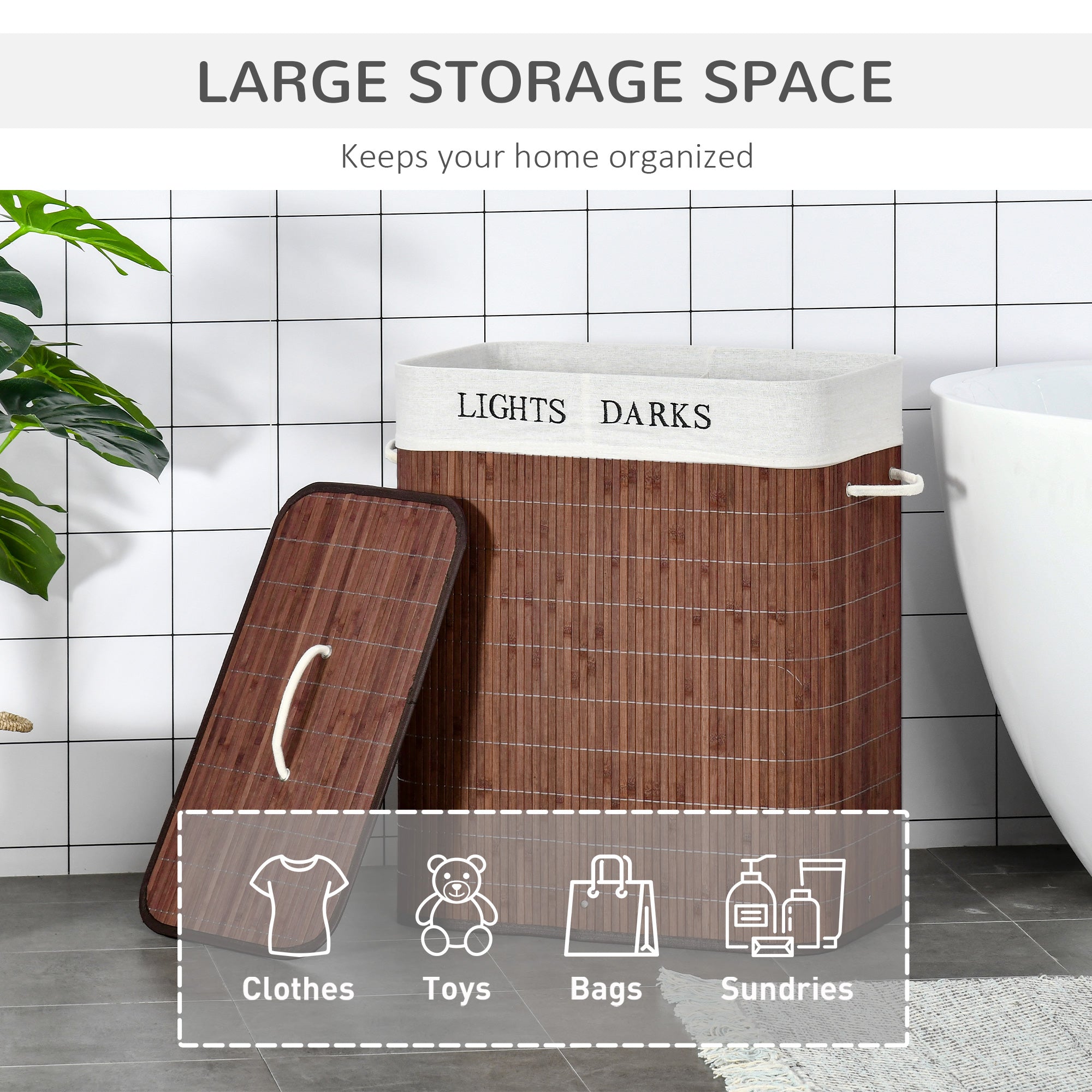 Bamboo Laundry Basket With Lid & String Handles – Collapsible Hamper With 2 Removable Bags (Brown)