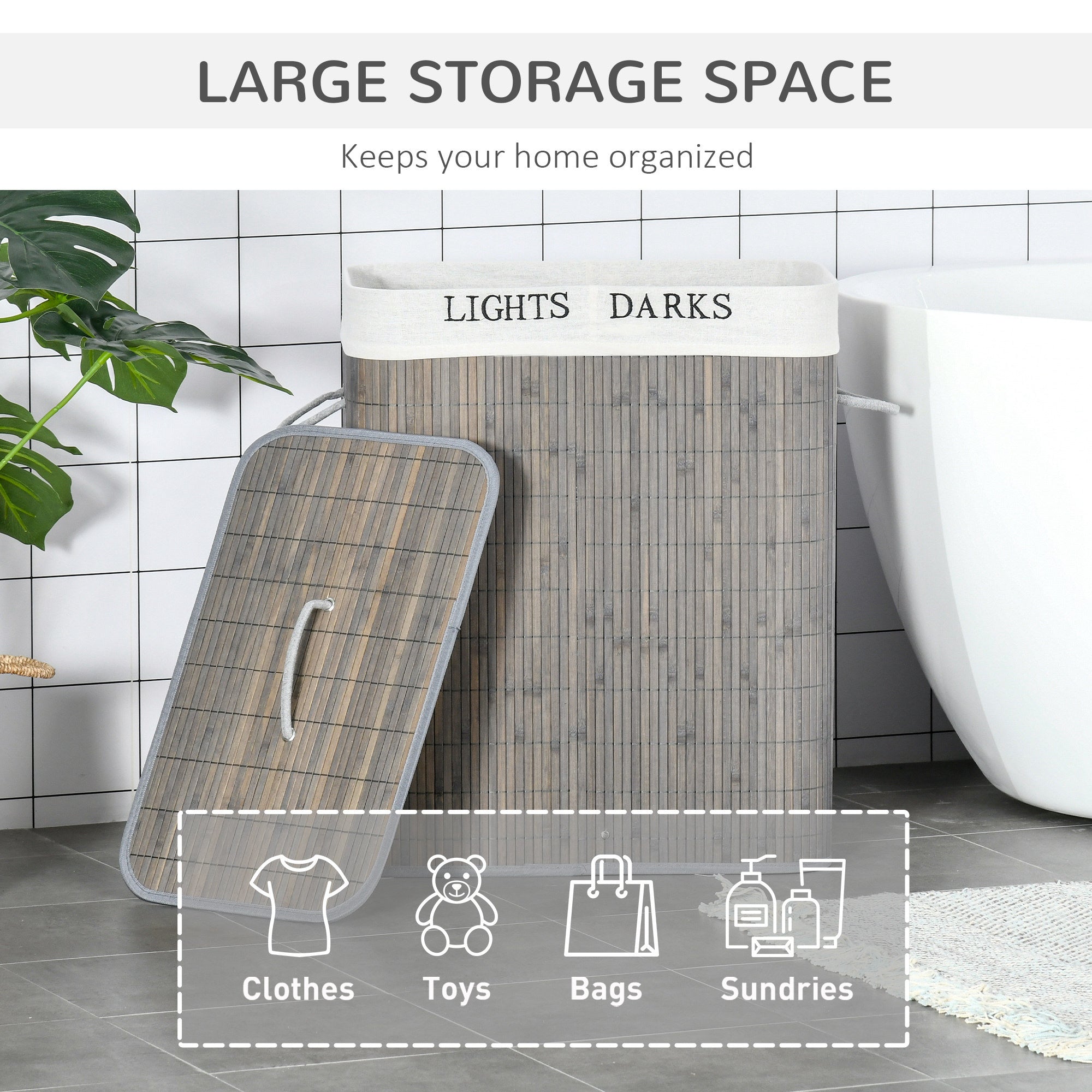 Bamboo Laundry Basket With Lid & String Handles – Collapsible Hamper With 2 Removable Bags (Gray)