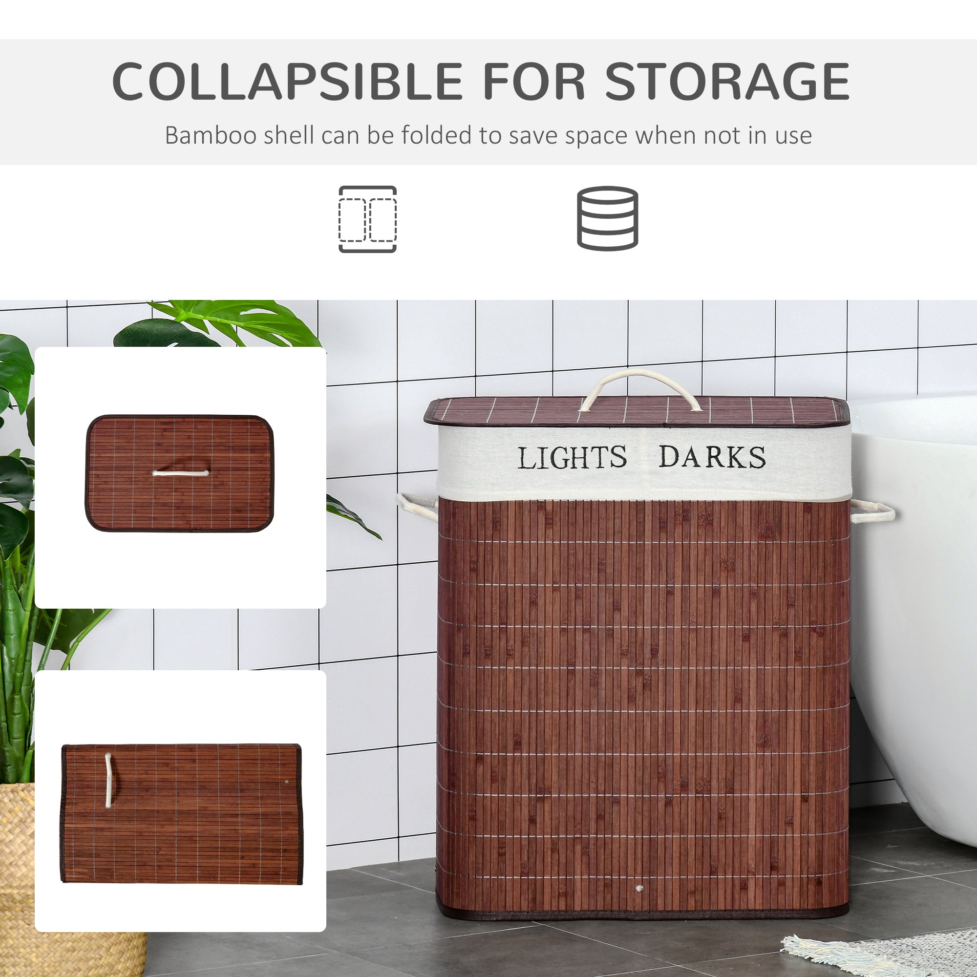 Bamboo Laundry Basket With Lid & String Handles – Collapsible Hamper With 2 Removable Bags (Brown)