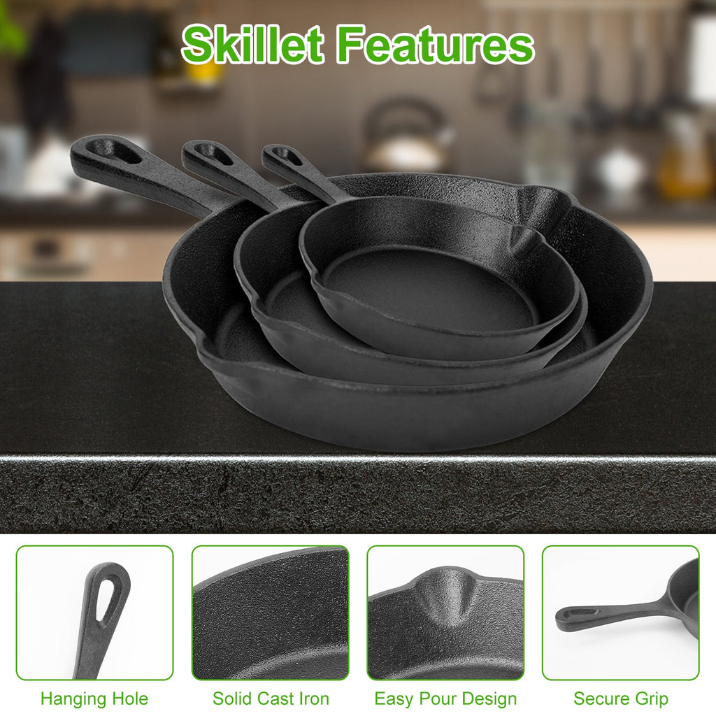 3‑Piece Pre‑Seasoned Cast Iron Skillet Set – 6", 8", 10" Oven‑Safe Frying Pans