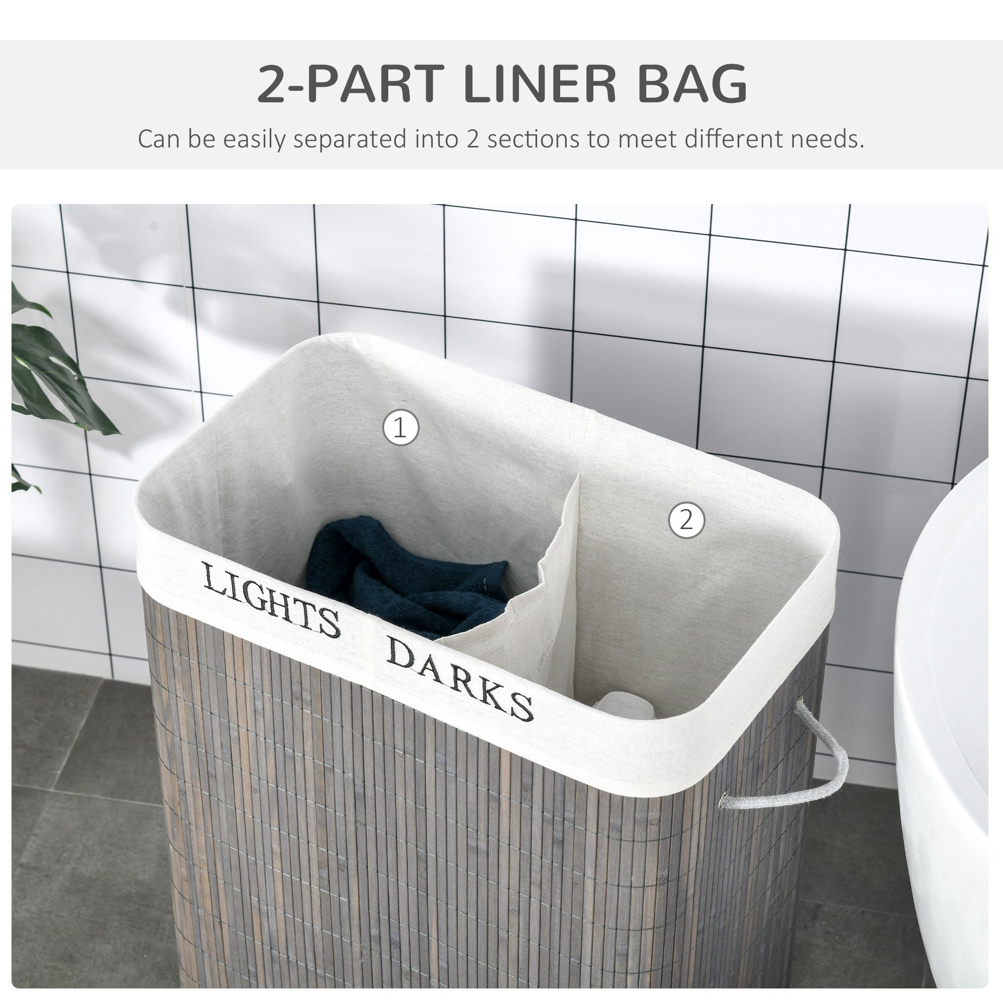 Bamboo Laundry Basket With Lid & String Handles – Collapsible Hamper With 2 Removable Bags (Gray)