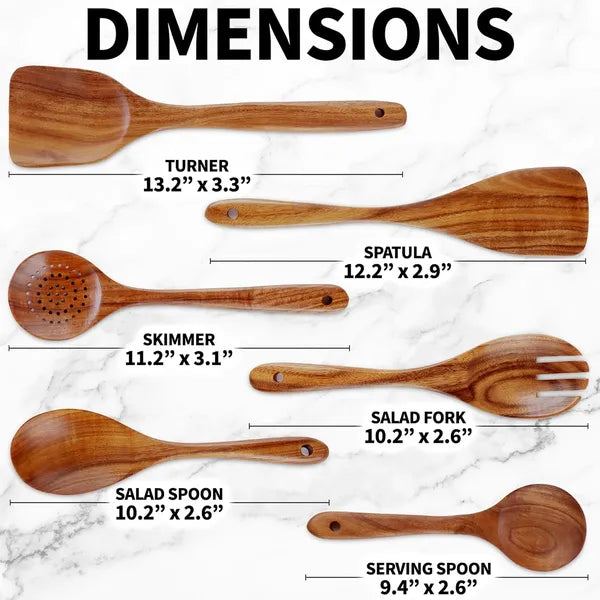 Six‑Piece Teak Wood Cooking Spoon Set – Heat‑Resistant, Smooth, Lightweight & Non‑Stick Safe