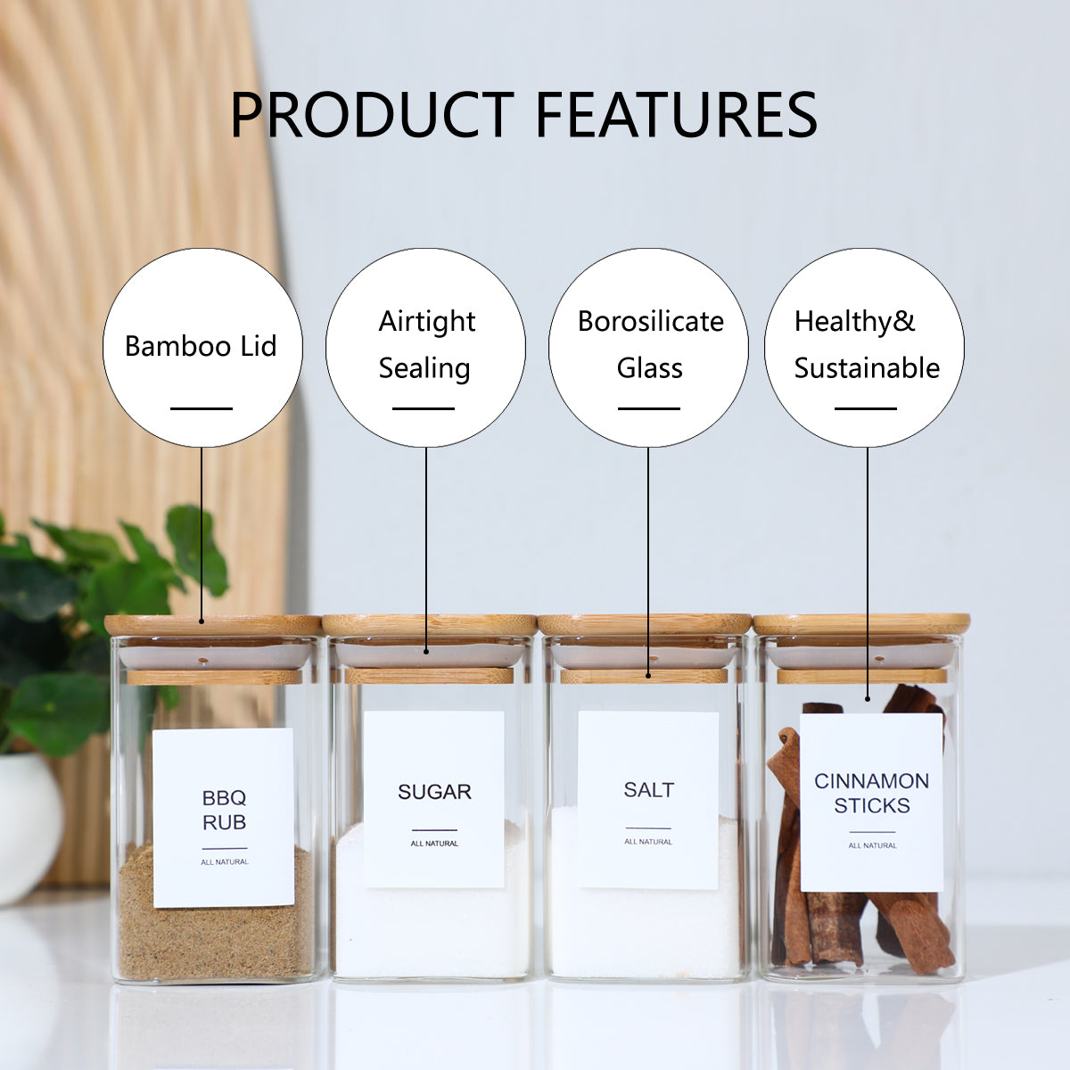 12PCS Square Glass Spice Jars With 72 Labels – Kitchen Seasoning Storage Set