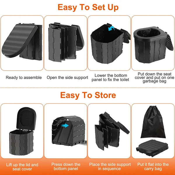 Portable Foldable Emergency Toilet – Travel Porta Potty With Lid, Carry Bag & Garbage Bags