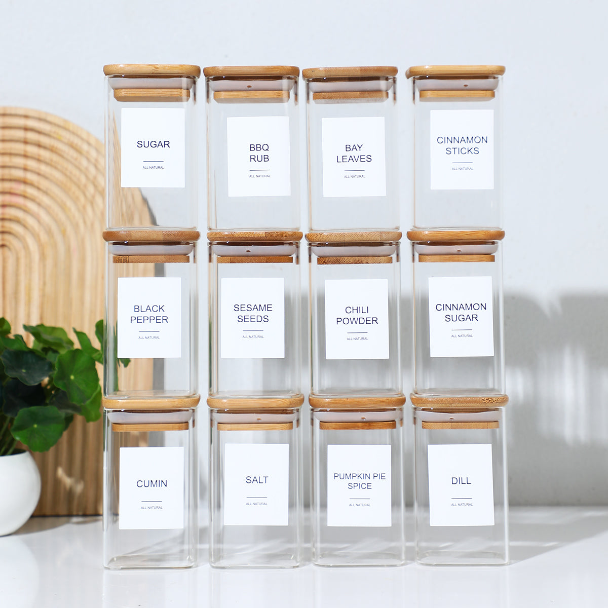 12PCS Square Glass Spice Jars With 72 Labels – Kitchen Seasoning Storage Set