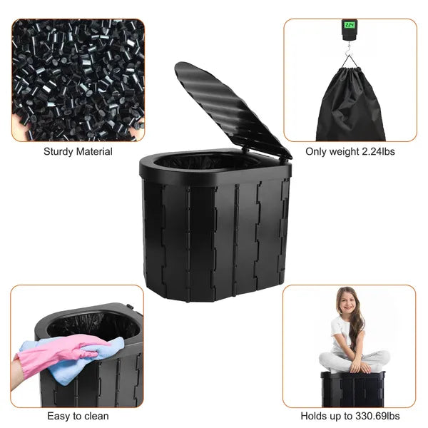 Portable Foldable Emergency Toilet – Travel Porta Potty With Lid, Carry Bag & Garbage Bags