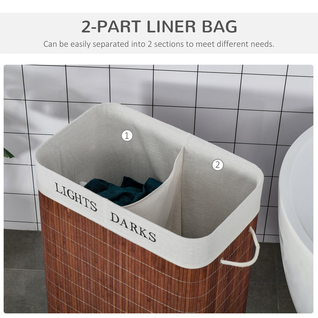 Bamboo Laundry Basket With Lid & String Handles – Collapsible Hamper With 2 Removable Bags (Brown)