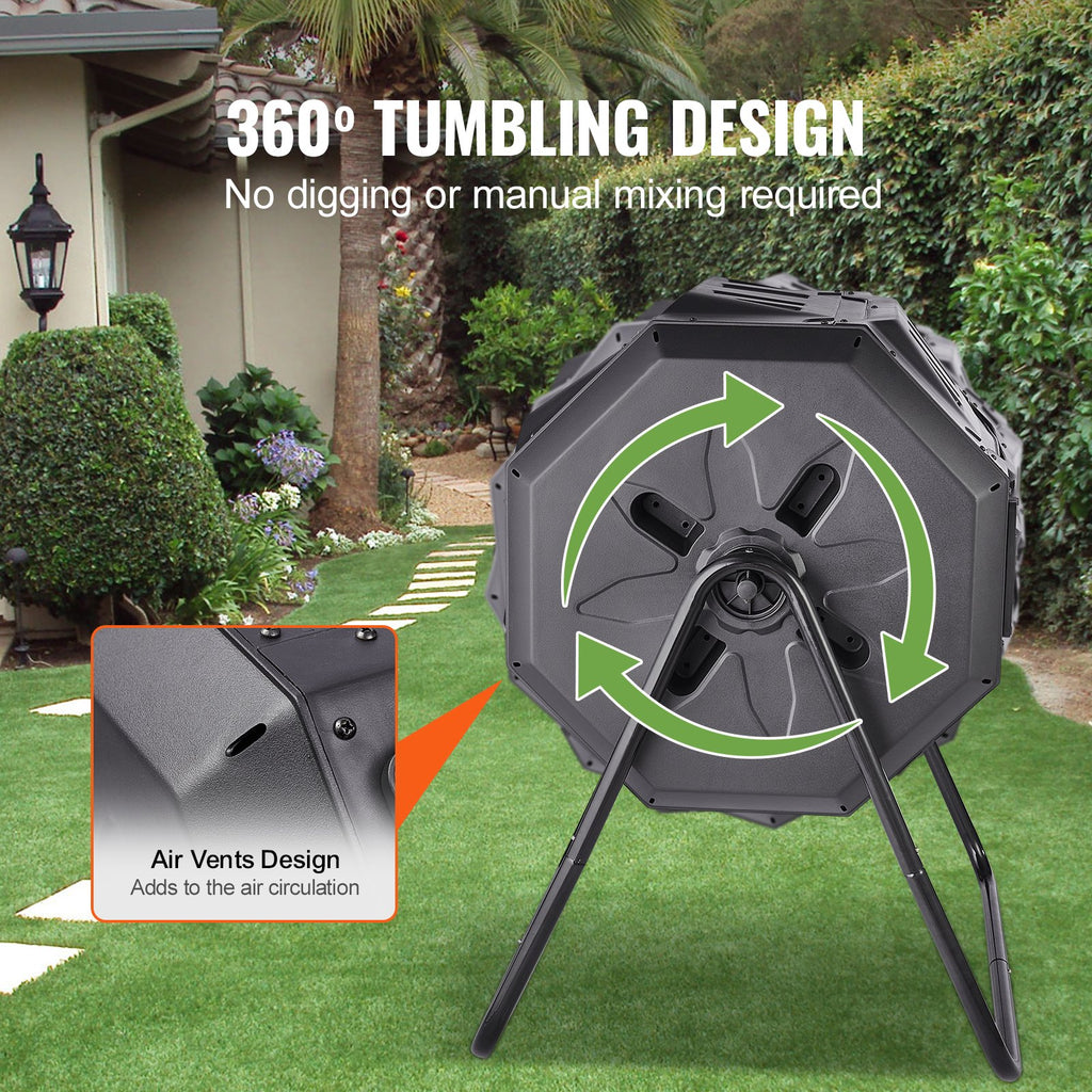 43‑Gallon Dual‑Chamber Composting Tumbler – Rotating Outdoor Composter With Sliding Doors & Steel Frame