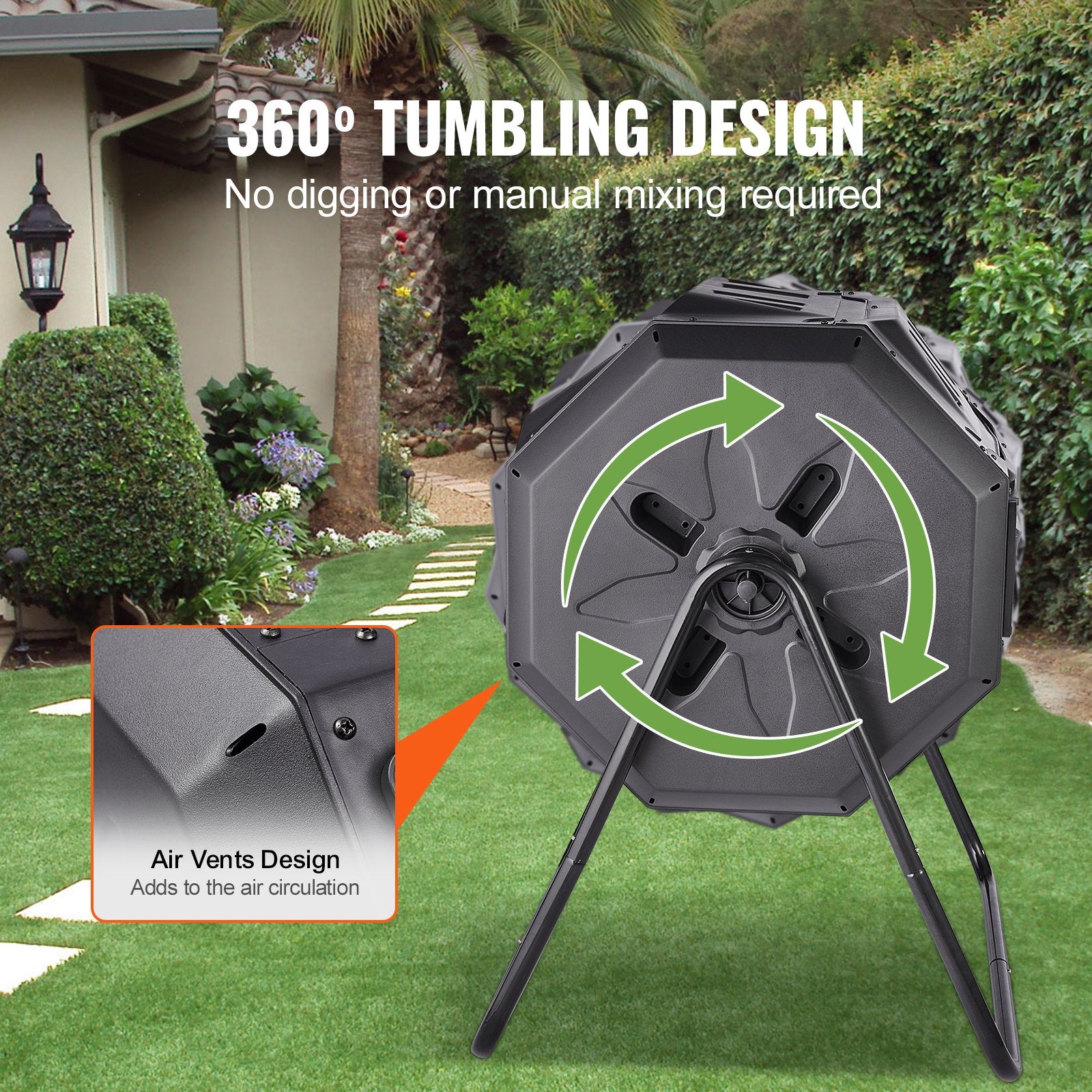 43‑Gallon Dual‑Chamber Composting Tumbler – Rotating Outdoor Composter With Sliding Doors & Steel Frame
