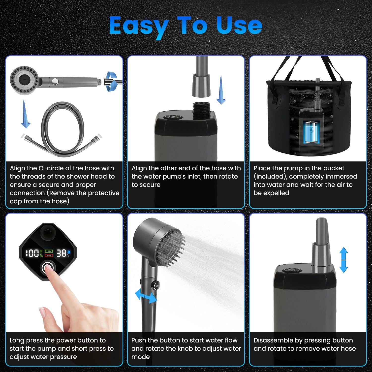 Portable Camping Shower – 6000mAh Rechargeable Pump, IPX7 Waterproof, Filtered Shower Head & 5.3‑Gallon Foldable Bucket