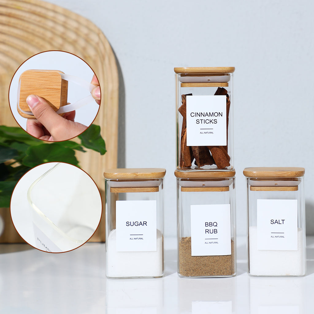 12PCS Square Glass Spice Jars With 72 Labels – Kitchen Seasoning Storage Set