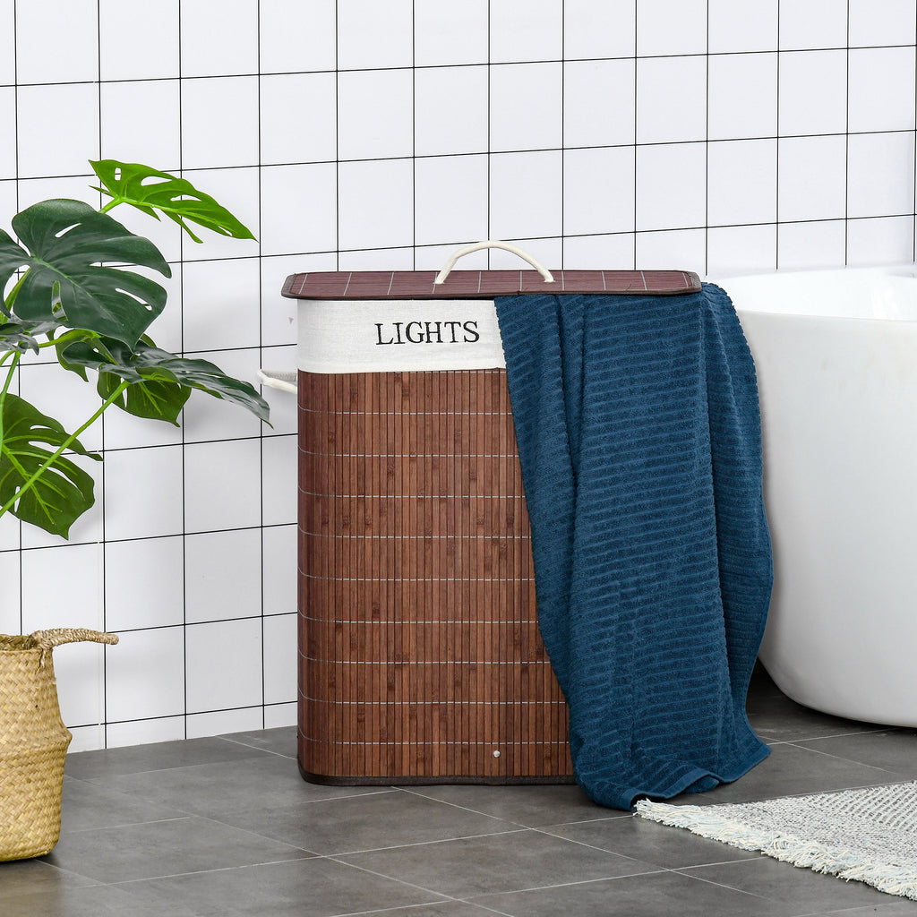 Bamboo Laundry Basket With Lid & String Handles – Collapsible Hamper With 2 Removable Bags (Brown)