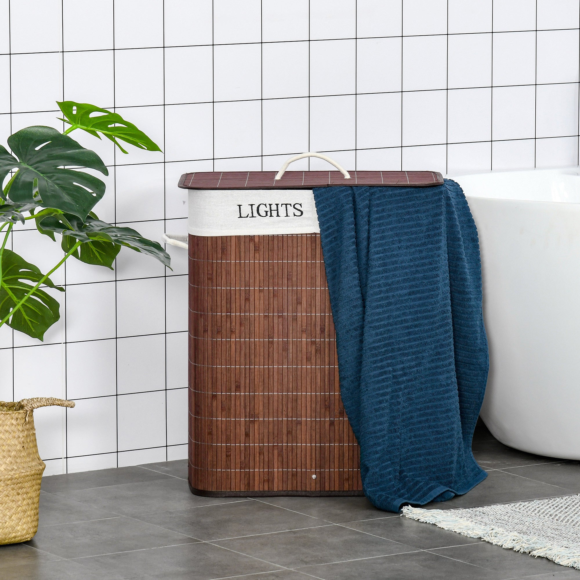 Bamboo Laundry Basket With Lid & String Handles – Collapsible Hamper With 2 Removable Bags (Brown)