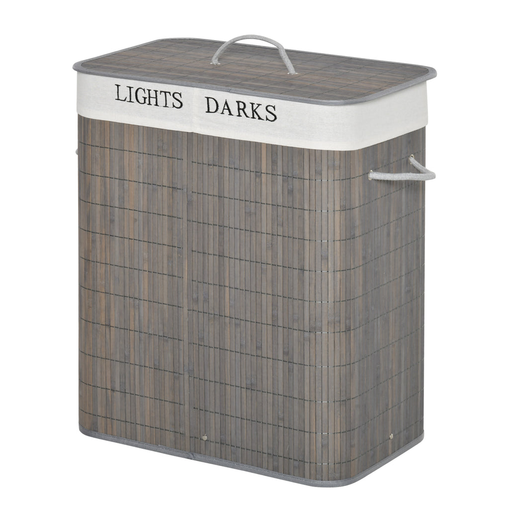 Bamboo Laundry Basket With Lid & String Handles – Collapsible Hamper With 2 Removable Bags (Gray)