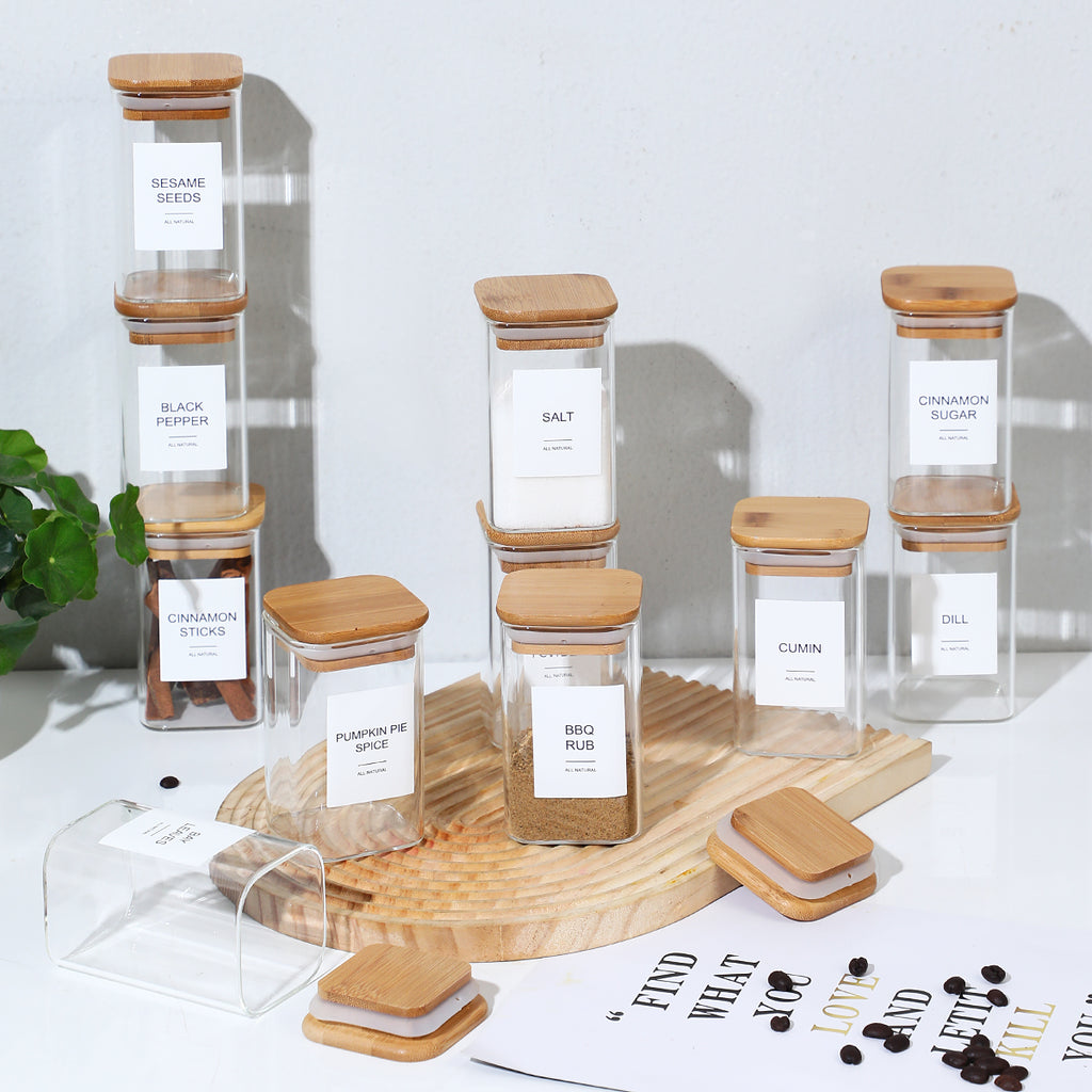 12PCS Square Glass Spice Jars With 72 Labels – Kitchen Seasoning Storage Set
